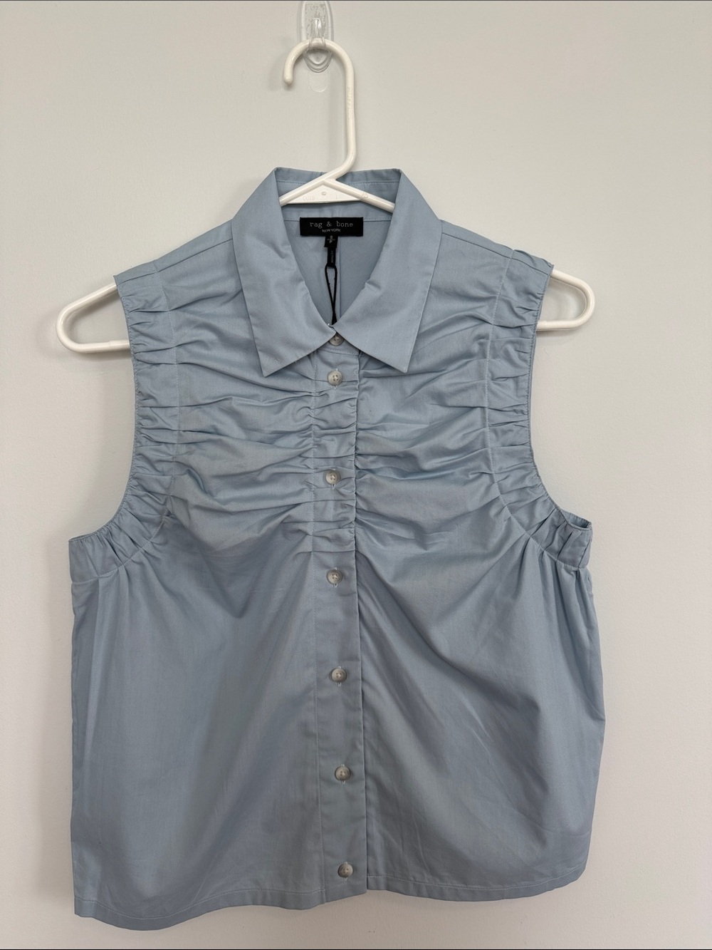 rag & bone Light Blue Sleeveless Ruched Button-Front Blouse